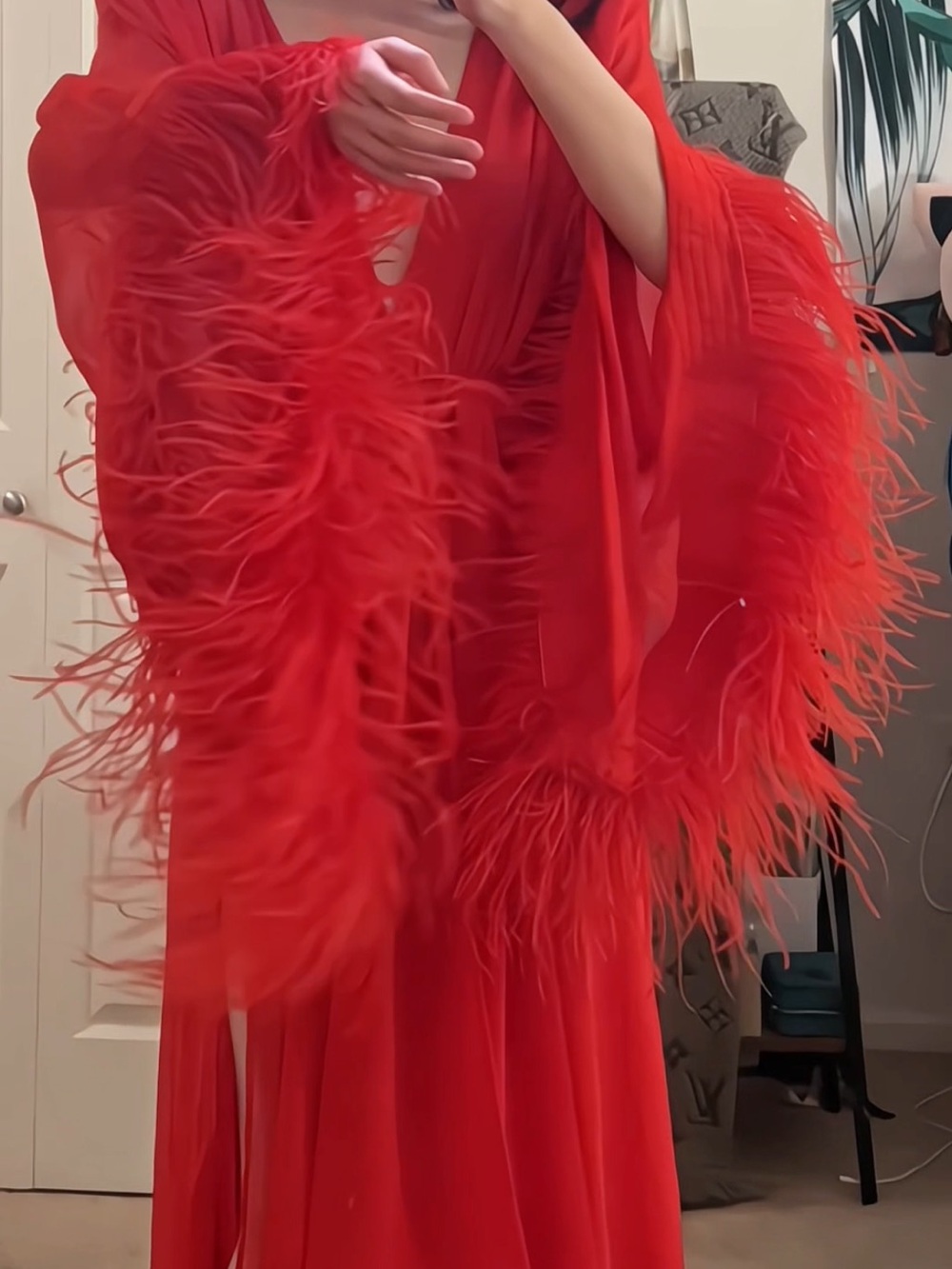 Bronx & Banco Geisha Ostrich Feather Trimmed Plunge High Slit Wrap Gown M NWOT - Picture 16 of 16